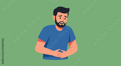 Flat illustration of a man holding his stomach, experiencing discomfort, against a solid green background, conveying a worried mood.