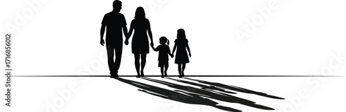 Silhouette of a family walking together holding hands on a white background with long shadows cast forward