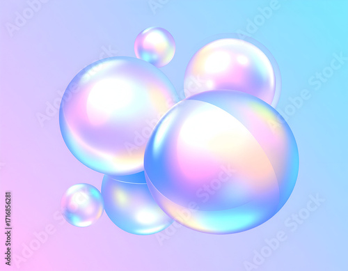 Abstract floating iridescent soap bubbles on a pastel gradient background.