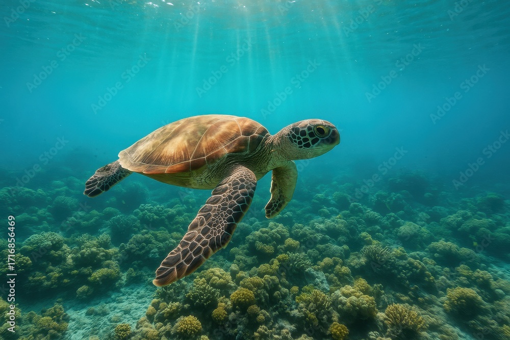 Obraz premium Graceful green sea turtle gliding above colorful coral reef in clear tropical water underwater wildlife conservation portrait vibrant marine life with sun rays
