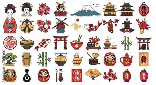 Flat lay illustration of Japanese cultural icons, including Geisha, Samurai, Mount Fuji, temples, food, and plants, in a vibrant color palette against a white background.