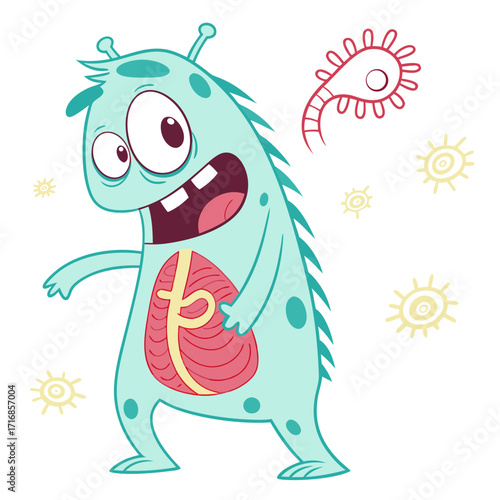Cartoon Monster with Internal Organs Showing Respiratory System