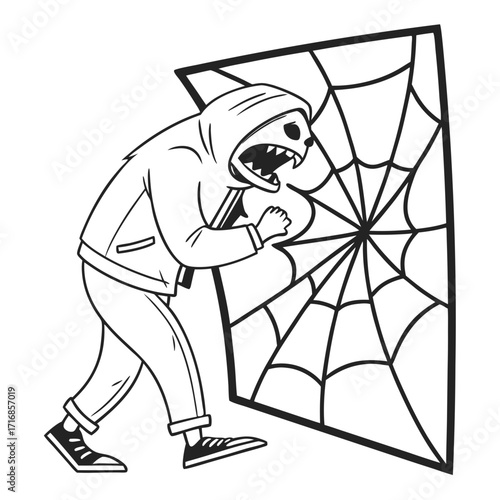 Cartoonish hooded figure with sharp teeth and a spiderweb in a frame