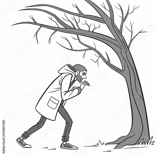 Cartoonish man in a hooded coat crouches suspiciously near a bare tree