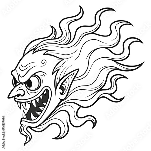 Line Art Illustration of a Fierce Devil Head with Flowing Hair and Sharp Teeth