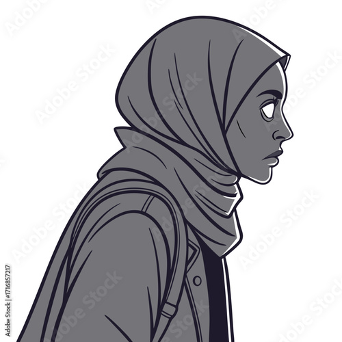 Scarred Hijabi Vigilante with Glowing Red Eye and Backpack in Profile