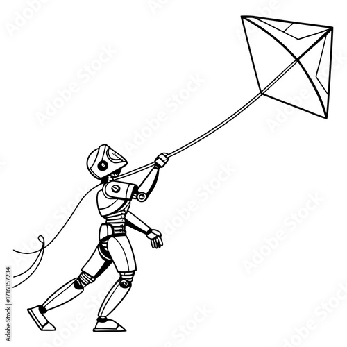 Robotic Figure Flying a Geometric Kite Line Art Illustration