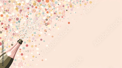 Champagne bottle exploding with golden sparkling confetti festive luxury New Year celebration background.