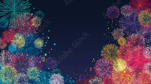 Colorful fireworks exploding across dark festive night sky for New Year celebration vector background.