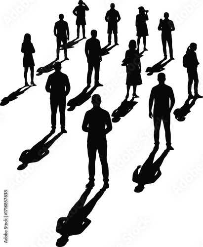 Silhouette of a group of people standing with long shadows cast on a white background in black and white
