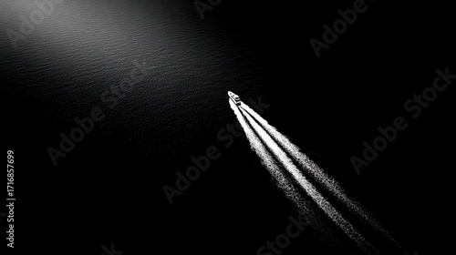 Boat Leaving Wake on Calm Water in Black and White with Dramatic Light Reflection and Shadows