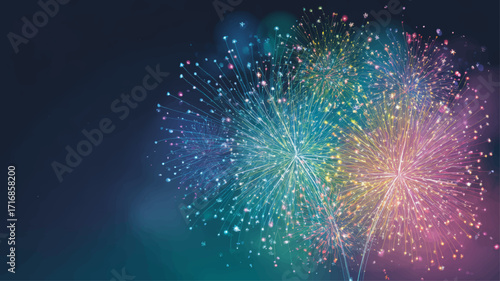 Stunning colorful fireworks exploding in dark festive night sky for New Year celebration.