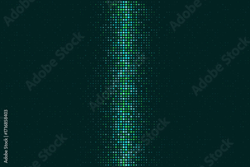 Abstract digital background with glowing green and blue hexagonal dots forming a vibrant vertical light beam, representing technology, data, and futuristic design.
