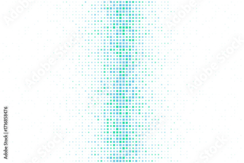 Abstract digital background with glowing blue and green pixelated squares forming a vertical light band on a dark backdrop, representing technology and data.