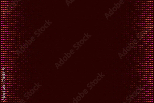 Abstract digital background with vibrant pink and orange square pixels fading into a deep red center, creating a modern geometric pattern.