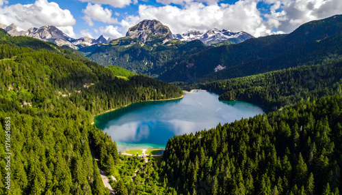 Scenic aerial drone shot of Black Lake in Durmitor National Park Montenegro.