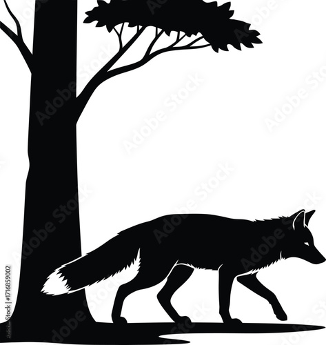 Silhouette of a fox walking near a tree with sparse leaves in a black and white illustration style image