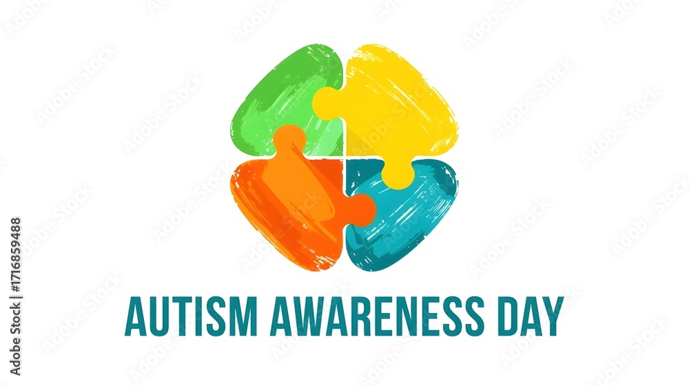 Fototapeta premium World autism awareness day banner design element. Children with development disorder support, ASD tolerance symbol. Colorful jigsaw puzzle pieces flat vector illustration with typography