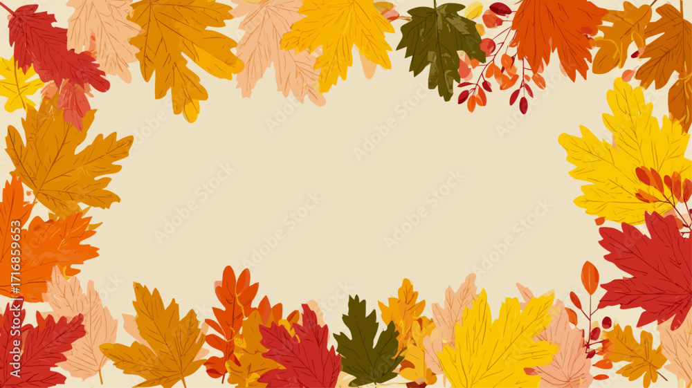 Fototapeta premium Autumn maple oak leaves border frame with colorful fall foliage seasonal thanksgiving background design.