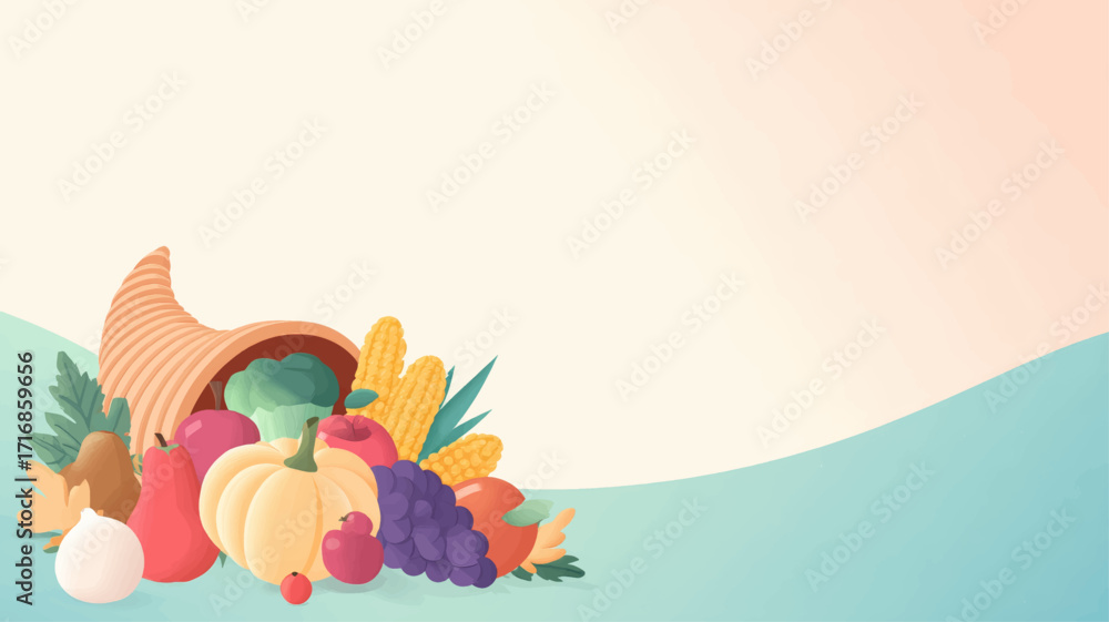 Fototapeta premium Thanksgiving cornucopia filled with pumpkins fruits and vegetables harvest abundance festive holiday background.