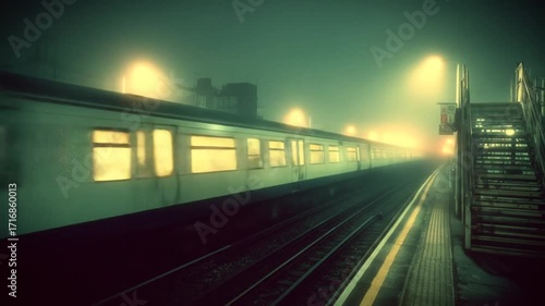 A misty train station at night, bathed in pale yellow light, evokes a sense of quiet solitude.