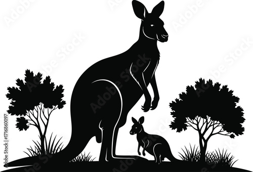 Silhouette of a kangaroo with joey standing near trees and grass in a natural habitat black and white vector
