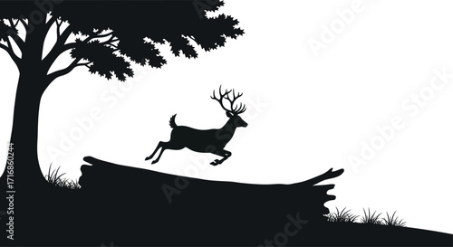 Silhouette of a deer leaping over a fallen log near a tree with dense foliage on a white background