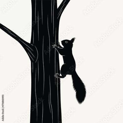 Silhouette of a squirrel climbing a tree trunk with a branch against a white background illustration