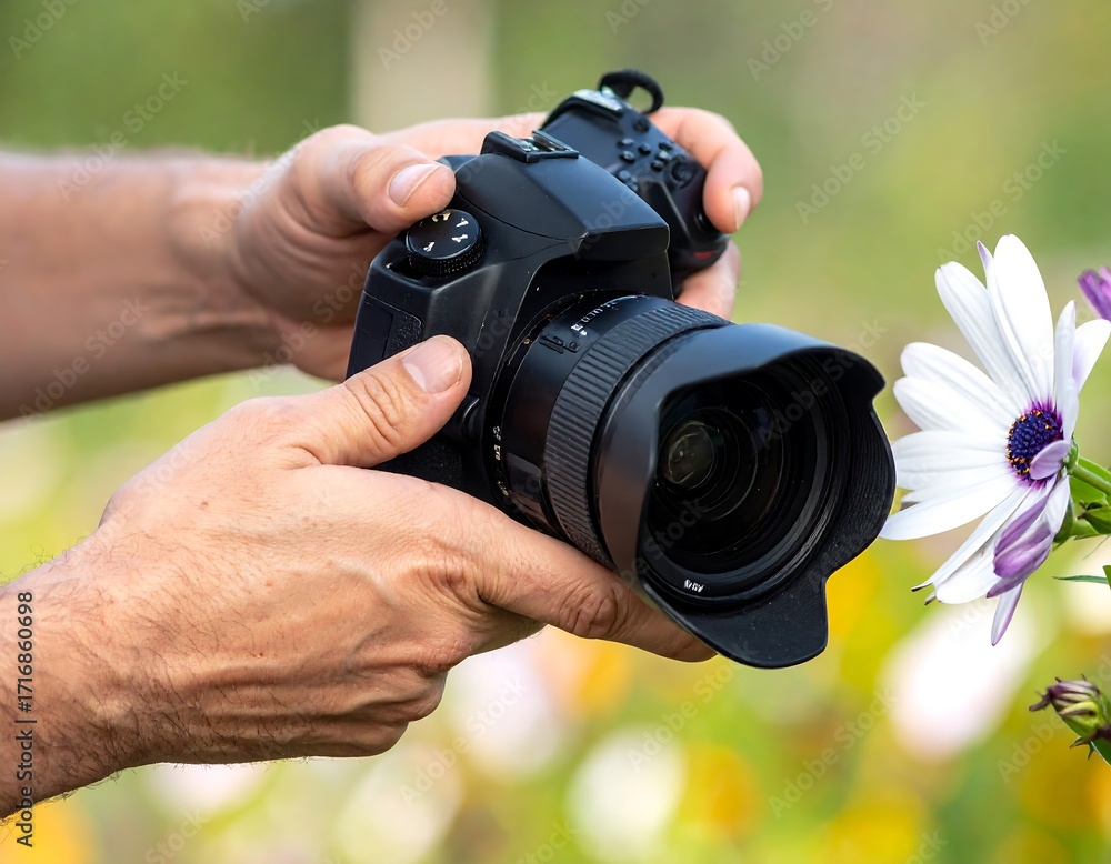 Fototapeta premium Hands holding a camera, focusing on a flower