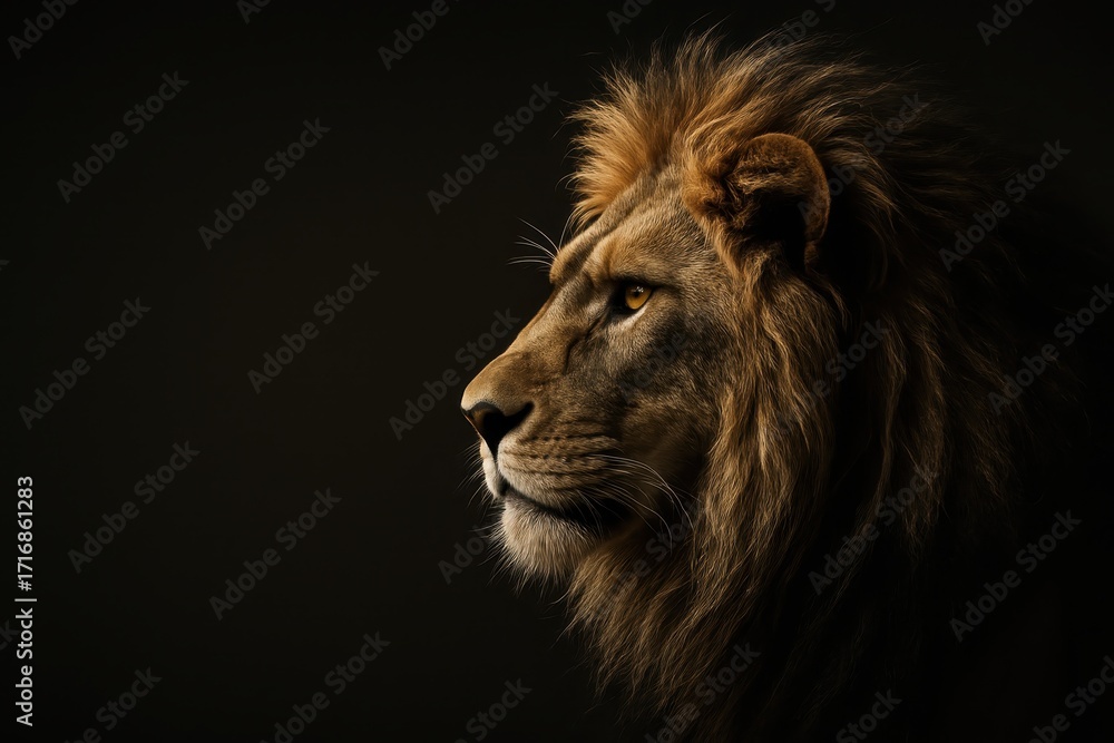 Obraz premium Majestic male lion profile portrait on a dark gradient background with elegant copy space for banner text ultra detailed fur