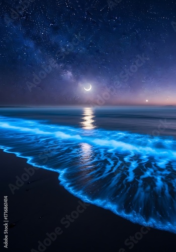 Mystical lunar glow on ocean waves under starry celestial expanse