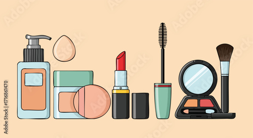 A collection of different skincare products is displayed, including creams, lotions, serums, cleansers, and toners.