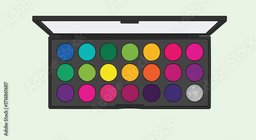 An open eyeshadow palette displays a vibrant range of colorful eyeshadows.