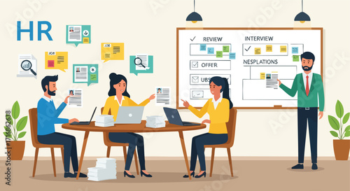 A human resources team collaborates to review job applications and manage the hiring workflow on a whiteboard.