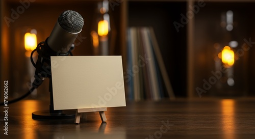 Close-up mockup of a blank card on a stand in front of a microphone, warm lighting, dark wooden desk, podcast setup.