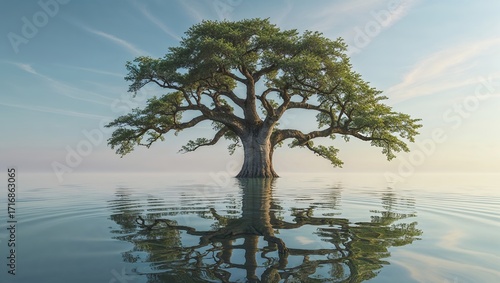Solitary Tree in Calm Water at Dawn
