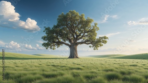 Solitary Oak Tree in Rolling Green Field Under Blue Sky