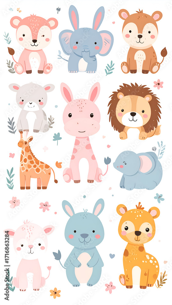 Fototapeta premium Adorable Cartoon Animals Collection - Fox, Elephant, Lion, Giraffe, and More.