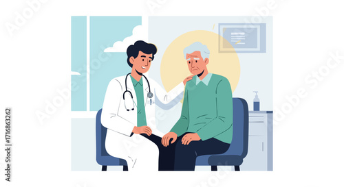 A compassionate doctor comforts an elderly patient, representing medical care and emotional support.