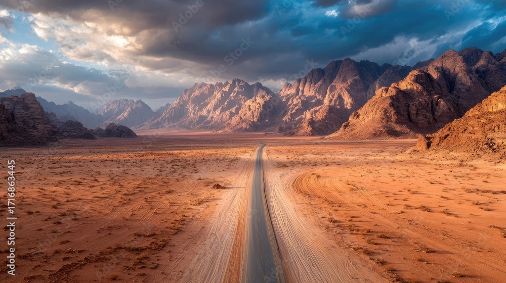 Fototapeta premium Long desert road with sandy mountain background concept. Breathtaking desert road winding through majestic mountain scenery.