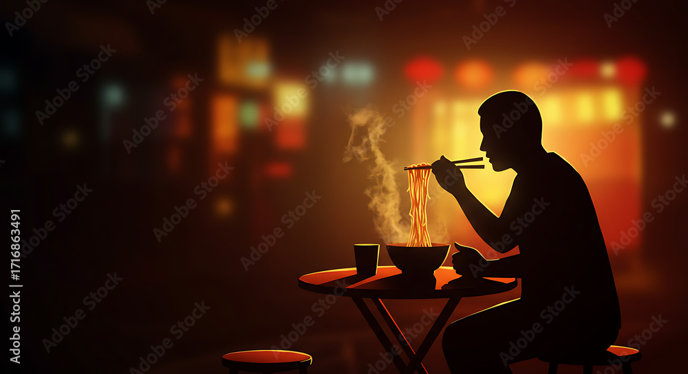 Fototapeta premium Man eating noodles at a table in a dimly lit restaurant 