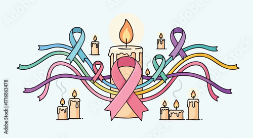 Candles and ribbons illuminate a diverse range of cancer awareness.