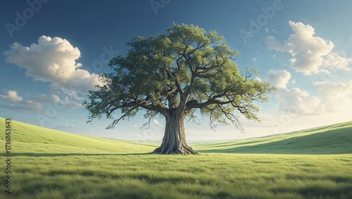 Majestic Oak Tree in Rolling Green Hills, Sunny Meadow Landscape Photography