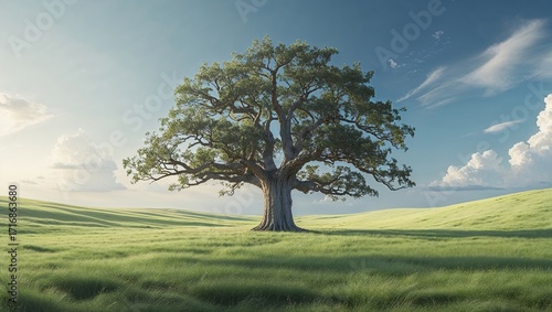 Majestic Oak Tree in Rolling Green Field, Serene Summer Landscape Photography