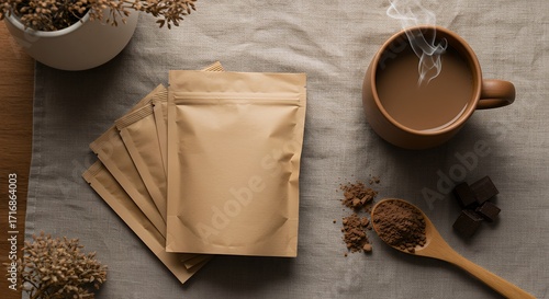 Flat lay mockup of four kraft paper pouches with a steaming cup of hot chocolate, cocoa powder, and chocolate pieces on a linen