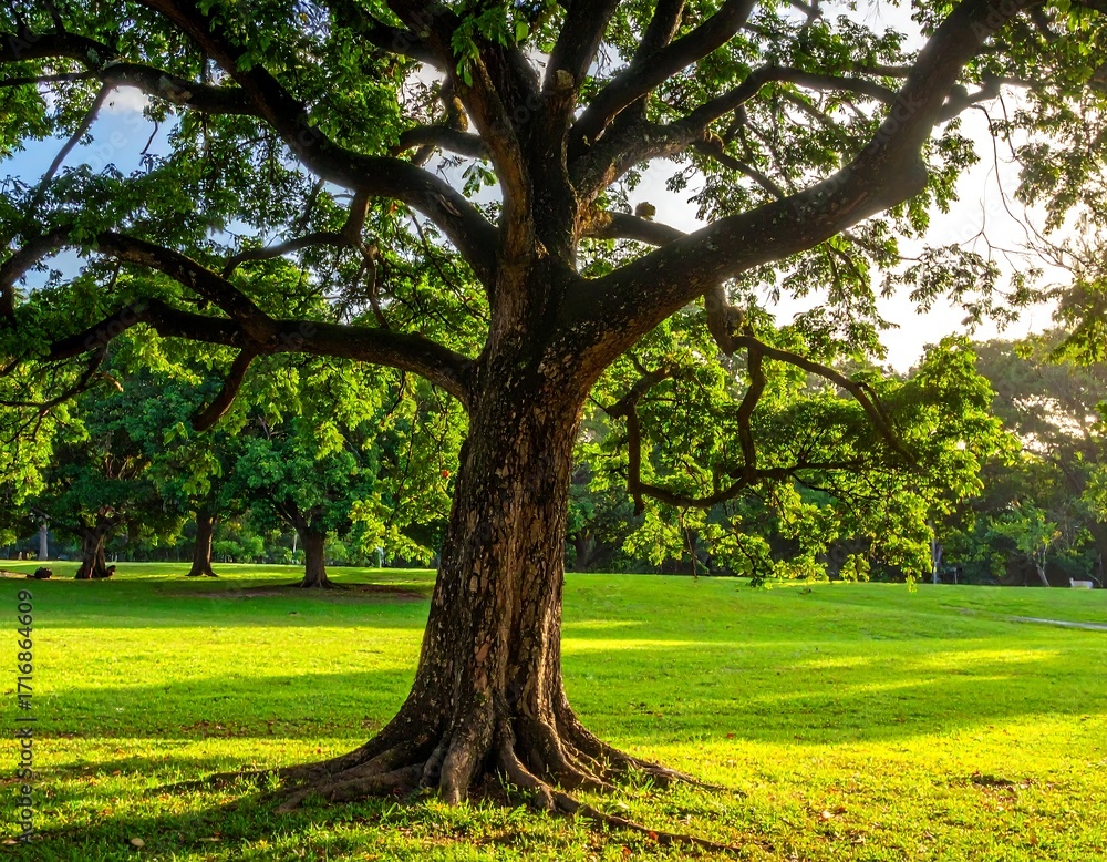 Fototapeta premium Lush green tree in a park at dawn