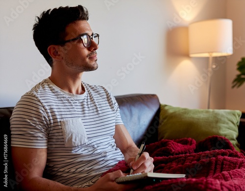 young man sitting on sofa and taking notes