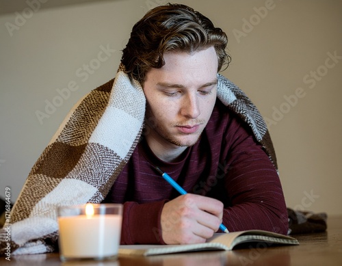 young man drinking tea and making notes