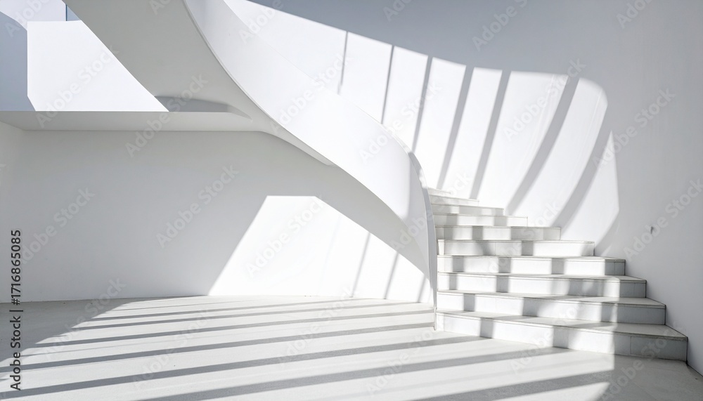Obraz premium Modern White Spiral Staircase with Strong Light and Shadow
