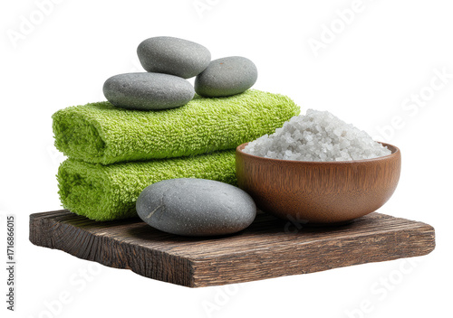 Spa stones, towels, and salt in wooden bowl